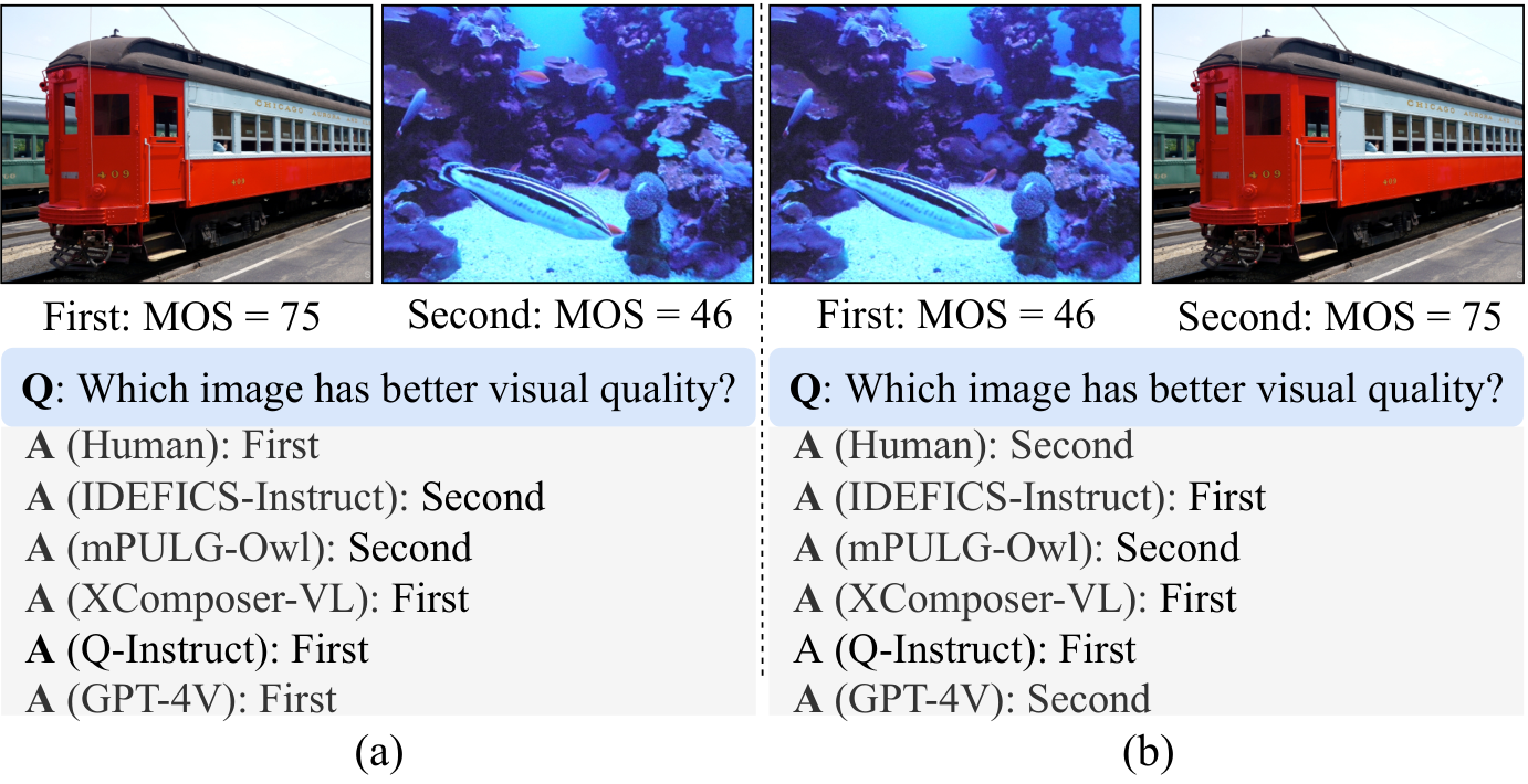 Two-alternative forced choice examples used to evaluate image quality assessment by large multimodal models.